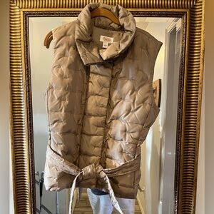 Talbots Puffer Vest Womens Large Beige Olive Quilted Goose Down Belted Full Zip